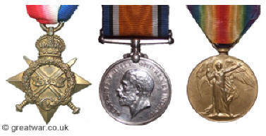 Three of the British campaign medals: The 1914-15 Star, British War Medal and the Victory Medal.